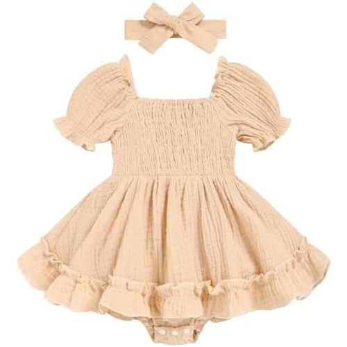 GRNSHTS Baby Girl Romper Dress, Puff Sleeve Smocked Outfit with Headband for Infants Soft Cotton Photo Shoot