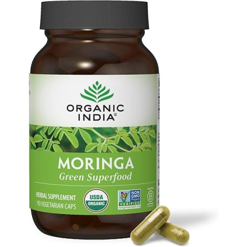 ORGANIC INDIA Moringa Herbal Supplement - Green Superfood, Nutrient Dense, Pure Plant Protein, Vitamin A, E, K, Iron, Calcium, Fiber, Vegan, Gluten-Free, USDA Certified Organic - 90 Capsules