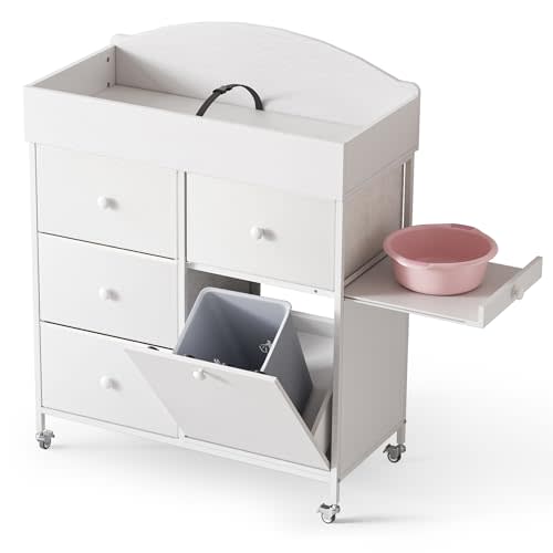 DTK Baby Dresser with Changing Table Top,4-Drawers Changing Table Dresser with Tile-Out Trash Cabinet and Pull-Out Shelf,Diaper Changing Station with Waterproof Pad and Storage for Nursery,White
