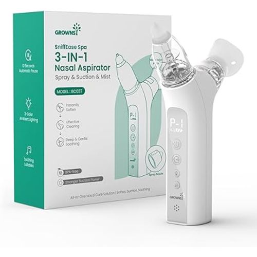 GROWNSY SniffEase Spa 3-in-1 Nasal Aspirator for Baby – Spray, Suction & Mist, Hospital-Grade Powerful Electric Nose Suction with Soothing Light & Music, Larger Chamber, Food-Grade Silicone Tips