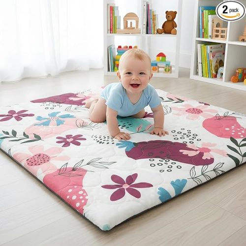 1.5" Thicker Baby Play Mat for Floor, 50x50 Removable & Machine Washable Cover Playpen Mat Softness Foam Mats, Easy-Clean Hygienic, Comfort Safety Kids Crawling Living Room (Floral)