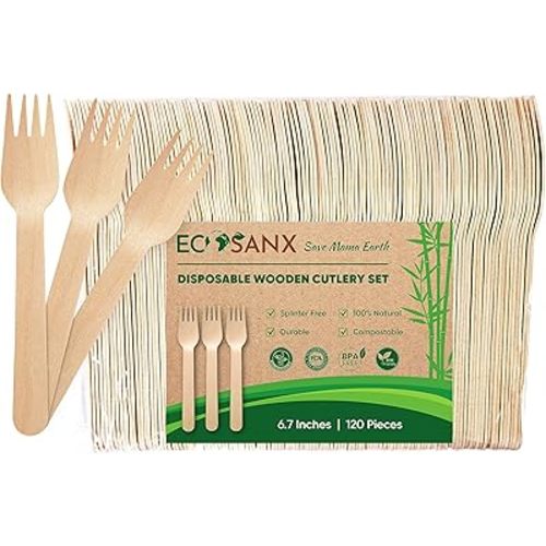 ECOSANX® 120 PCs Wooden forks for eating 6.5" Splinter Free Compostable Forks, Eco-Friendly Wooden Cutlery set for Party & Outdoor, Disposable forks for Camping, Events & More