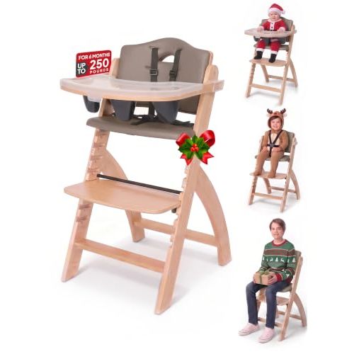 Abiie Beyond Junior Convertible Wooden High Chair with Removable Tray | Adjustable Highchair for Babies & Toddlers, Grow With Me, 6 Mos to 250 lbs, Water Resistant, Natural Wood w/ Shiitake Cushion