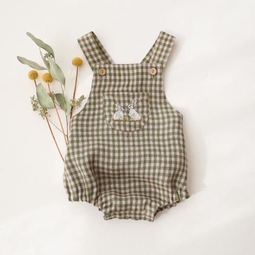 Baby Romper in Grass Green Gingham Linen, "White Bunnies" Embroidery, Newborn Outfit