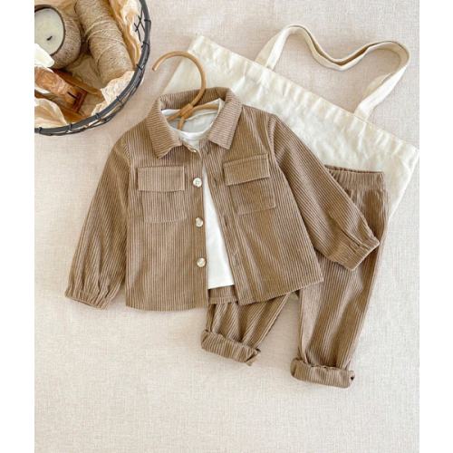 SHEIN Playful Pals 2pcs/Set Baby Boy Corduroy Long Sleeve Button Pocket Shirt And Elastic Waist Pants Set, Casual Elegant Style Suitable For Tops, School, Leisure, Vacation, Sports, Home, Spring/Summer, 6M-3T, Children Clothing, Infant Clothing, Baby Appa