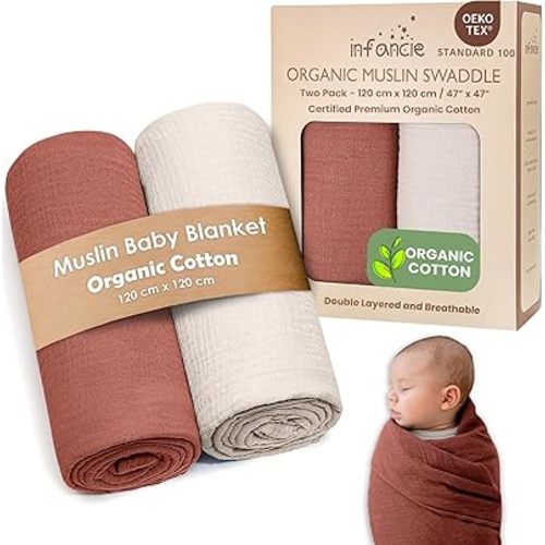 Organic Cotton Muslin Baby Blanket - 47x47 Inch Breathable Swaddle, Hypoallergenic Double-Layer, Versatile Use (Rust/Ivory, 47x47 Inch)