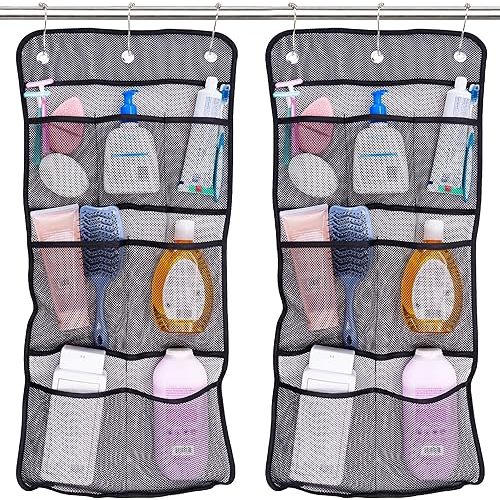 S&T INC. Shower Organizer, Shower Caddy or Bathroom Organizer with Quick Drying Mesh, 7 Pockets to Hold Shampoo, Soap, Loofah, and Cruise Ship Essentials, 14 Inch by 30 Inch, Black, 2 Pack