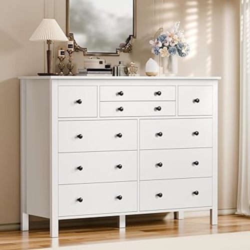 10 Drawer Large White Dresser for Bedroom, 47.2" Long Chest of Drawers with Deep Drawers, Modern Wooden Storage Dresser for Closet, 36.2" Tall TV Stand for Living Room, Hallway, Entryway