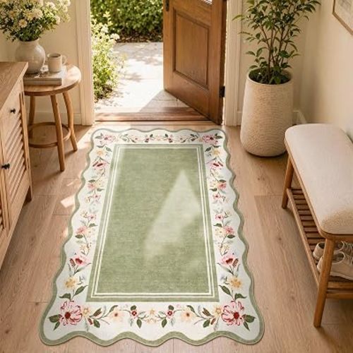 Lahome Green Entryway Rug 3x5, Scalloped Floral Accent Rug
