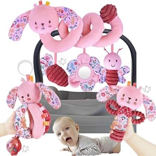 Baby Spiral Car Seat Toys for Babies 0-6 Months Girl, Stroller Hanging Stuffed Animal Carseat Mirror Crinkle Toy 0-3-6-7-12, Newborn Infant Valentines Gifts Easter Basket Stuffers Bunny 3PCS
