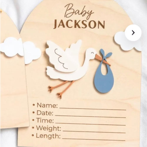 Wooden Baby Announcement & Birth Stats Sign Set | Stork, Clouds, Sun Design