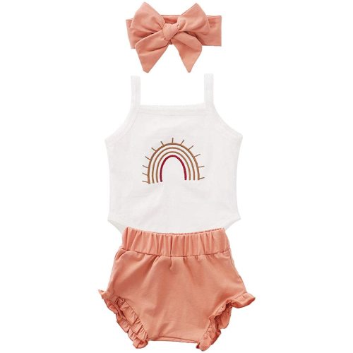 Thorn Tree Newborn Baby Girl Clothes Cotton Infant Romper Headband Shorts Play Wear Summer Rainbow Outfits - 3pcs Rainbow Bodysuit&orange - 3-6 Months