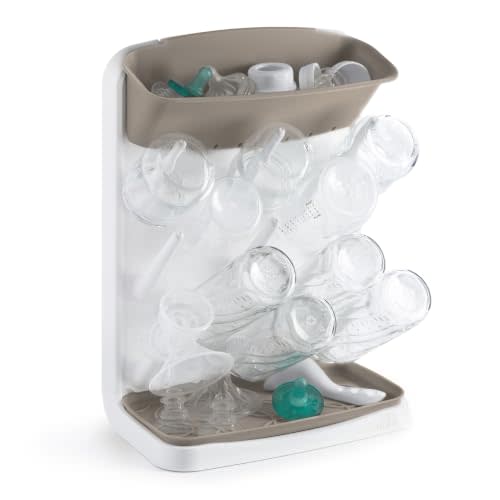 Ubbi Vertical Baby Bottle Drying Rack, Space Saving Countertop Bottle Dryer | 13-Peg Bottle Drying Rack Removable Drain Tray, Baby Organizer for Pump Parts, Pacifier & Accessories, Dishwasher Safe, Taupe
