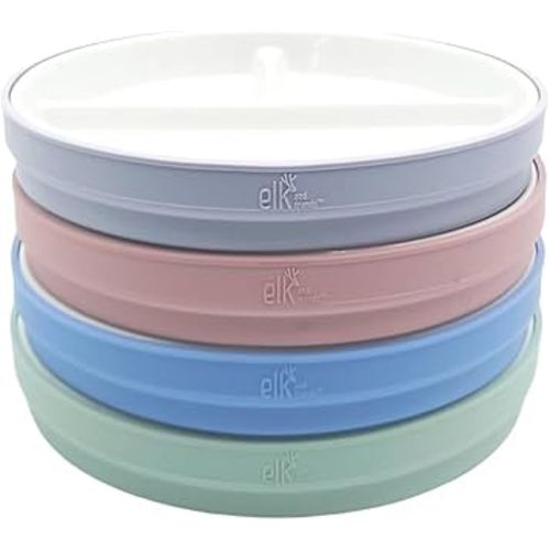 Elk and Friends Kids 7.8” Porcelain White Plates with Silicone Sleeves | Divided Plates | Suitable for Kids/Toddlers | Microwave & Dishwasher Safe | Non Slip | Snack Dishes…