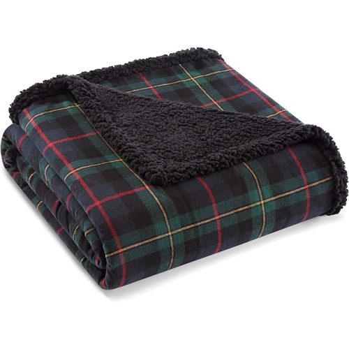 Eddie Bauer - Throw Blanket, Brushed Fleece & Plush Sherpa Bedding, Throw Blanket for Couch & Bed (Pine Tartan Dark Green, 50" x 60")