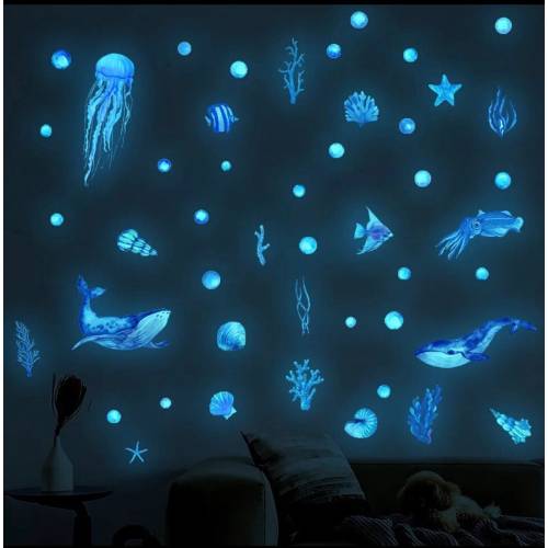 46 Ocean Sea Creatures in Blue Glow In The Dark Wall Sticker Decor including exotic Fish, Shells, Whales & Coral Cool Wall Art decal murals