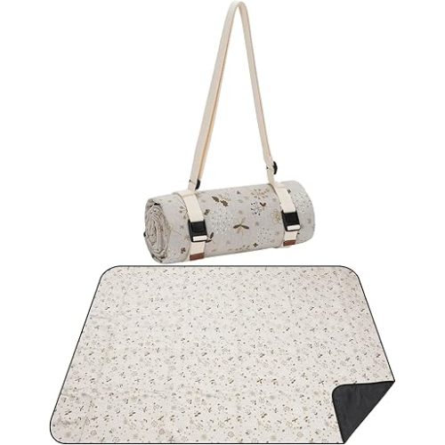 Large Picnic Blanket, Beach Mat Sand Free Washable, Waterproof Camping Emergency Blankets, Picnic Baskets Accessories with Waterproof Backing and Shoulder Strap - WhiteKapok