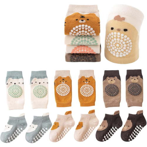 Baby Crawling Anti-Slip Elastic 3 Pairs Knee Pads and 3 Pairs Socks Set,Toddler Knee Protector for Baby Kids Kneepads