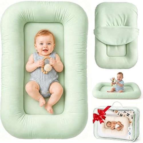 Infant Support Cushion & Baby Support Cushion for Newborn 0-24 Months, Breathable Cotton Pad, Supervised Use, Portable Infant Essentials for Travel and Home, Green (Cover Included
