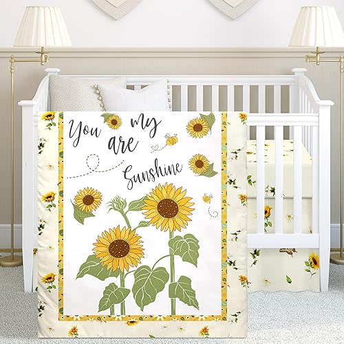 Mixweer 3 Pcs Sunflower Bee Baby Crib Bedding Set Baby Girl Yellow Crib Sheets You Are My Sunshine Toddle Sheets Yellow Floral Neutral Standard Size Crib Fitted Sheet Comforter Crib Skirt for Bed Girl