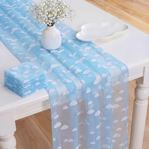 8 Pcs Blue Sky White Cloud Table Runner 29 X70 Inch Cartoon Tulle Table Runner Flocking Cloud Tablecloth for Cartoon Themed Birthday Baby Shower Party Decor