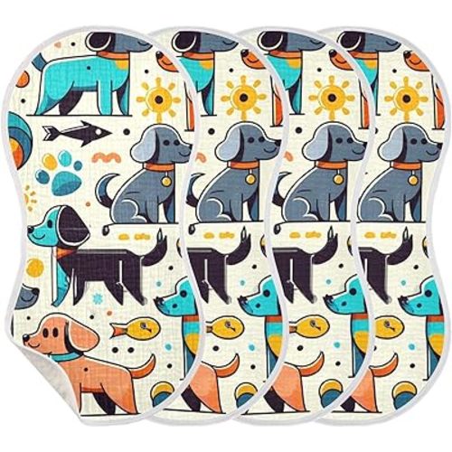 Muslin Burp Cloth for Baby 4PCS Cute Dogs Robots Super Absorbent Burping Cloths, Bibs for Newborn Boys Girls