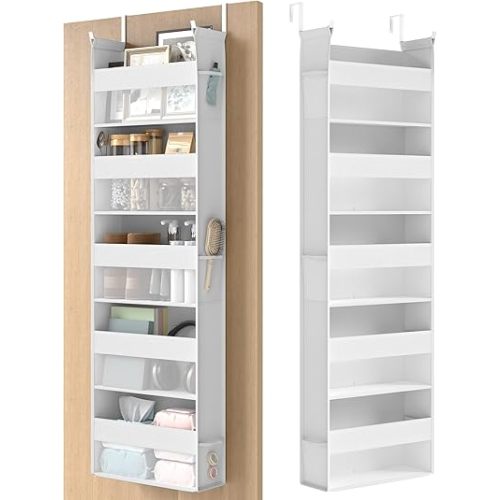 SONGMICS Over The Door Organizer, Hanging Door Organizer with 5 Large Pockets, 5-Tier Fabric Storage, Transparent Nylon Mesh, Foldable, Metal Hooks, with Side Pouches, Cloud White URDH007W01
