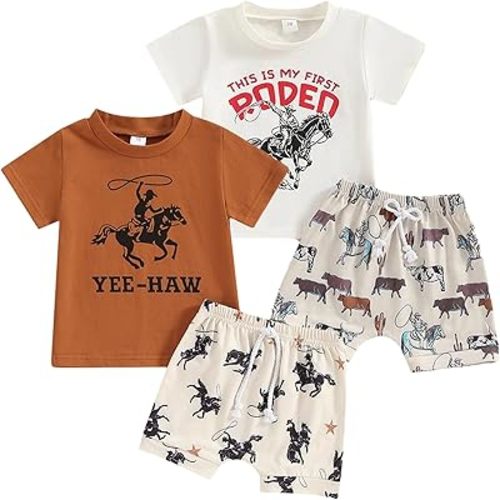 Baby Cowboy Outfits Toddler Western Cow Print Short Sleeves Shirt+Elastic Shorts Baby Boy Casual Summer Clothes Set