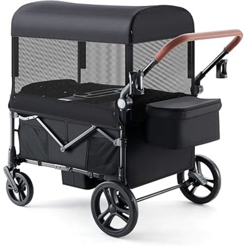 Harppa Wagon Stroller for 4 Kids, Foldable 4-Seater Stroller Wagon with Canopy & Snack Tray, All-Terrain 11" Wheels, 200Ibs Capacity,Perfect for Beach,Zoo,Family Outings