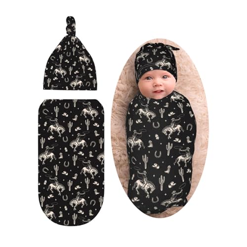 Cowboy Western Cactus Horse Baby Stuff Newborn Baby Swaddle Blanket with Beanie Hat,Swaddle Blanket Gifts for Infant Shower Boys Girls