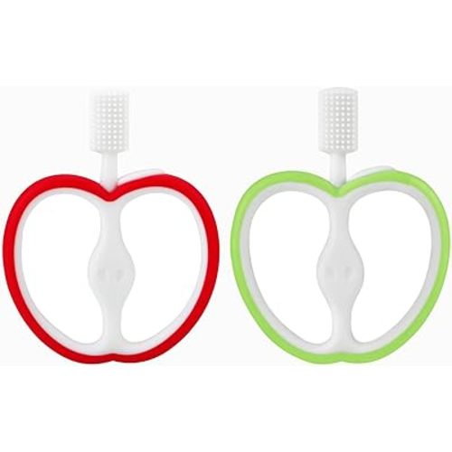 PandaEar 2 Pack Baby Toothbrush, Silicone Double-Sided Oral Care Teether Brush for Infant 6 to 12 Months, Easy to Hold -Green & Red