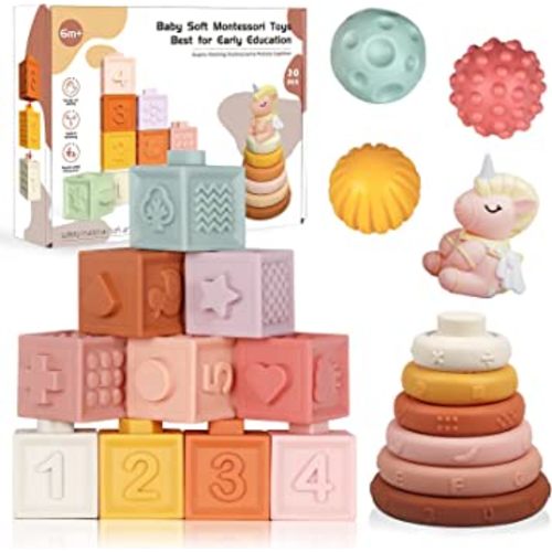 Weilim Montessori Toys for Baby Soft Stacking Blocks Rings Balls Sets with Unicorn 3 in 1 Baby Toys Bundle for Babies 6-12 Months Sensory Toys for Toddlers 9-18 Months Infant Teething Bath Toy