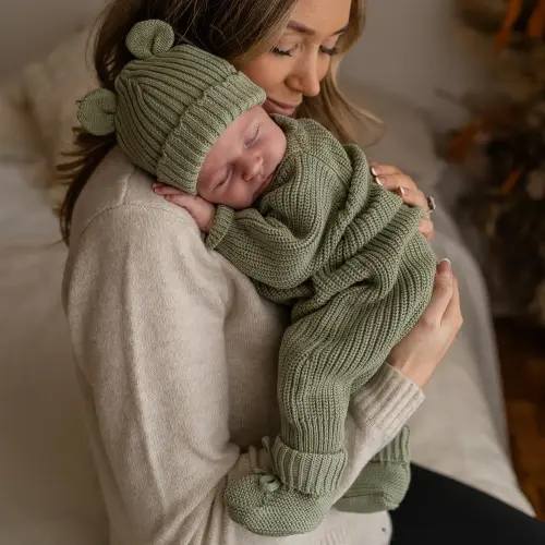 Knitted Sleep Suit, Hat & Booties Set - Organic Cotton