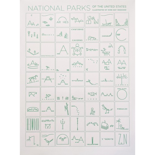 National Park letterpress poster - original illustrations of 63 parks: incl. Yosemite, Yellowstone, Arches, Grand Teton, Zion, Acadia