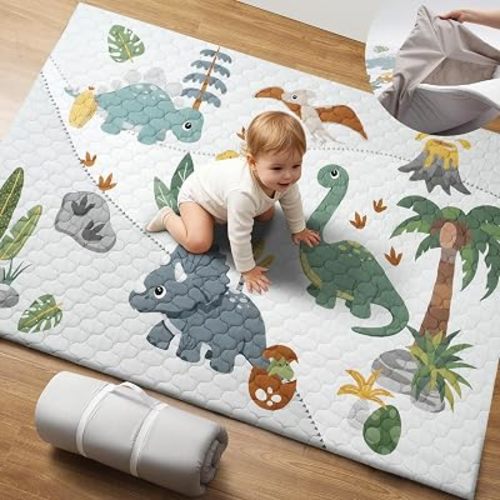 2-in-1 Baby Play Mat Indoor & Outdoor, 74x50in Thick Foam Playpen Mat with Waterproof Removable Cover, Non-Slip Soft Crawling Floor Mat for Infants, Toddlers, Travel, Picnic & Camping, Dinosaur