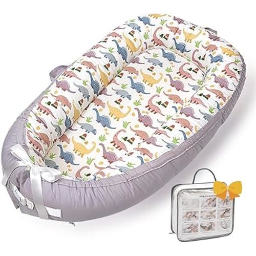 Baby Lounger-Breathable and Soft Organic 100% Cotton, Portable Infant Lounger with Removable Lounger Cover, Baby Lounger for Newborn - Classic Dinosaur