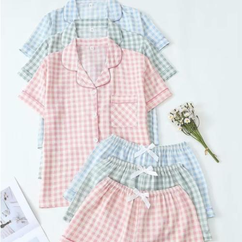 3 conjuntos de pijama para mujer de primavera y verano, top de manga corta con cuello abotonado y shorts con lazo, color claro a cuadros, cómodos | SHEIN USA
