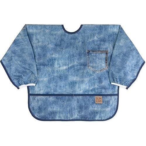 Bumkins Sleeved Bib for Girl or Boy, Baby and Toddler for 6-24 Mos, Essential Must Have for Eating, Feeding, Baby Led Weaning Supplies, Long Sleeve Mess Saving Food Catcher, Soft Fabric, Faux Denim
