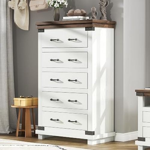AMERLIFE 48" H Farmhouse Wood Dresser with 5 Drawers, Antique White