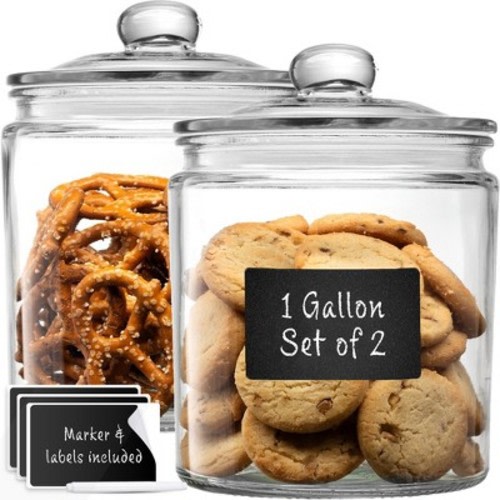 Le'raze Set of 2 Glass Cookie Jars with Airtight Lids + Labels & Marker - 1 Gallon