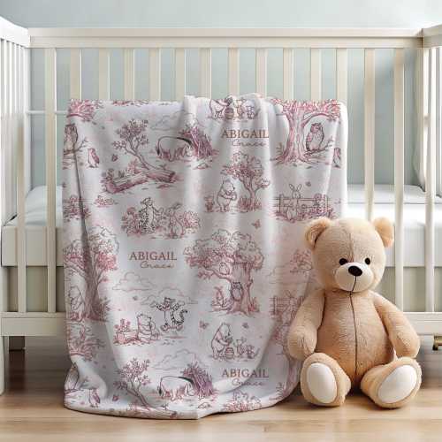 Custom Pink Classic Pooh Inspired Baby Blanket Personalized Name Velveteen Woodland Nursery Keepsake Gift