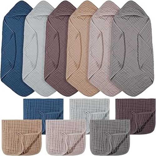 VitalCozy 12 Pcs Baby Muslin Hooded Bath Towels and Washcloths, Muslin Hooded Baby Towels Absorbent Blankets for Gift Newborn Infant Shower (Neutral Colors)