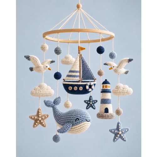 Crochet Nautical Baby Mobile, Whale Sailboat Lighthouse Crib Mobile, Ocean Nursery Decor, Handmade Coastal Baby Shower Gift