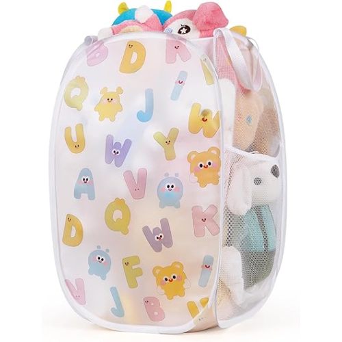 Collapsible Pop Up Hamper for Baby Clothes or Toys Storage, Mesh Hamper with Handles & Side Pocket, Multi-Use Laundry Hamper & Toy Basket, Portable for Home, Travel, Dorm(White-Vertical)