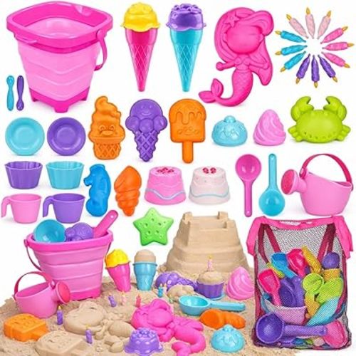 TOY Life 41 Pcs Beach Toys for Kids Ages 4-8 Collapsible Sand Toys Toddlers with Silicone Bucket Shovels & Sand Castle Building Kit Molds, Sandbox Toy Travel, Beach Party, Fishing, Summer Activities