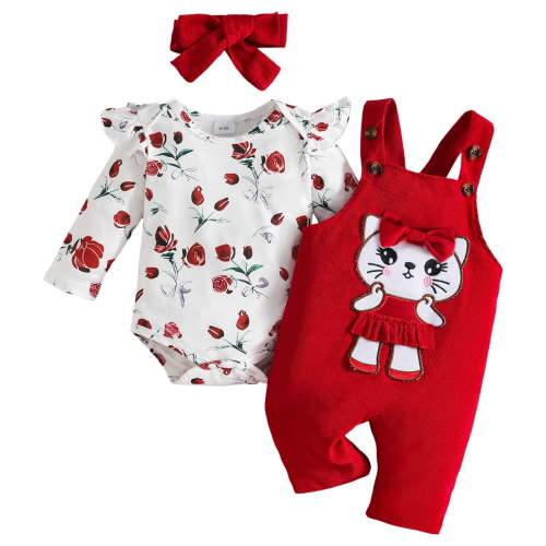 UAYOTSE Baby Girl Clothes Outfits Fall Winter Cute Love Romper Bear Cartoon Overalls Jeans Pants Headband Set 0 18 Months(6-9 Months,P63-Red)