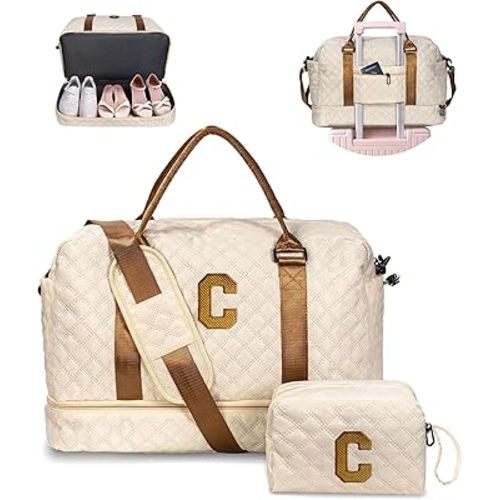 Birthday Gifts for Women-Initial Duffle Bag with Shoe Compartment, Personalized Weekender, Monogram Overnight, Letter Travel Bag with Makeup, Friend Wife Birthday Gift (Letter C)