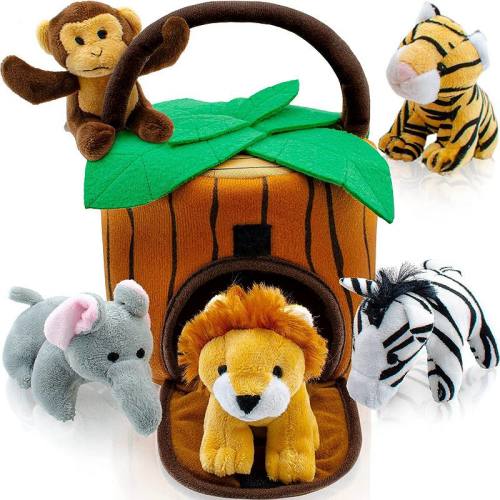 6-Piece Plush Talking Jungle Animals Set with Carrier - Elephant, Tiger, Lion, Zebra, Monkey