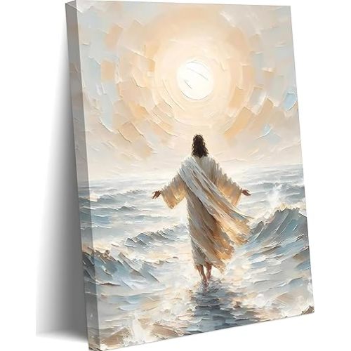 Yudinbin Jesus Christian Wall Art, Walks on Water Canvas Paintings Prints Posters Wall Decor, Jesus Wall Art Christ Religious Decor for Living Room Bedroom Church Home Decorations Framed12x16in