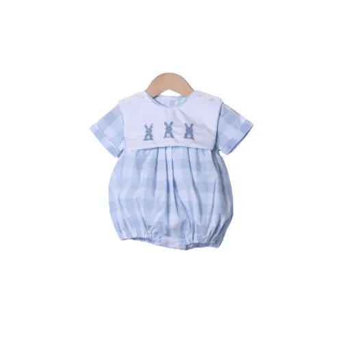 Hand Embroidered Bunny Blue Buffalo Check Tab Bubble 3M